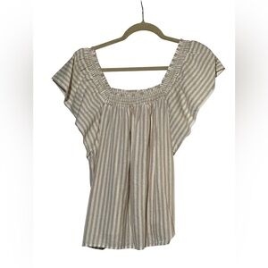 A New Day Cream & Tan Striped Blouse- Elastic - off shoulder - small